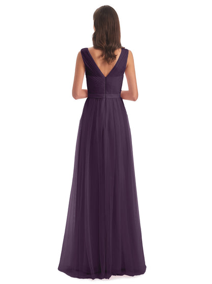 Mila Floor Length V-Neck Tulle Bridesmaid Dresses