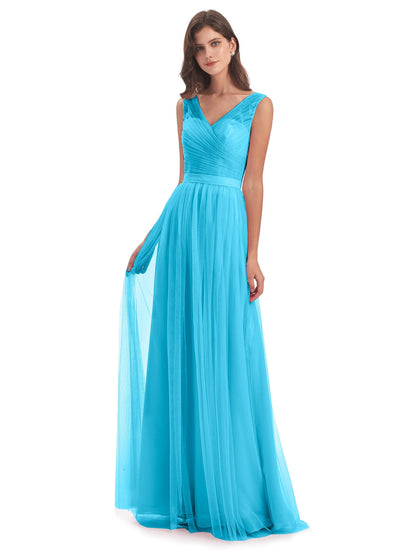 Mila Floor Length V-Neck Tulle Bridesmaid Dresses