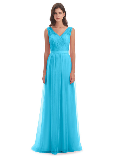 Mila Floor Length V-Neck Tulle Bridesmaid Dresses
