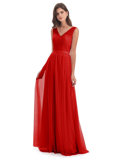 Mila Floor Length V-Neck Tulle Bridesmaid Dresses