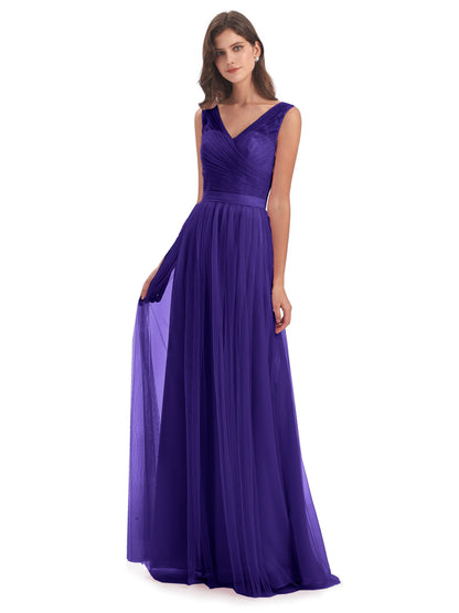 Mila Floor Length V-Neck Tulle Bridesmaid Dresses