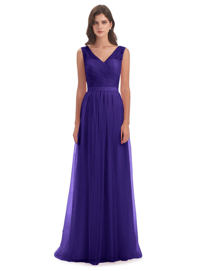 Mila Floor Length V-Neck Tulle Bridesmaid Dresses