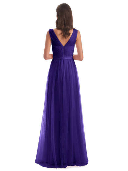 Mila Floor Length V-Neck Tulle Bridesmaid Dresses