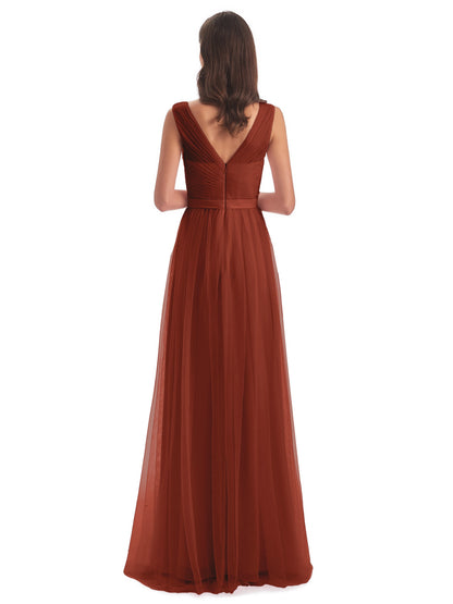 Mila Floor Length V-Neck Tulle Bridesmaid Dresses