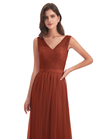 Mila Floor Length V-Neck Tulle Bridesmaid Dresses
