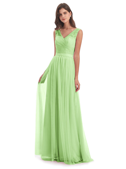 Mila Floor Length V-Neck Tulle Bridesmaid Dresses