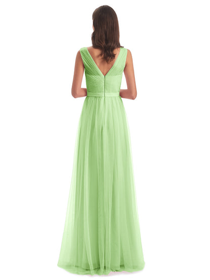 Mila Floor Length V-Neck Tulle Bridesmaid Dresses