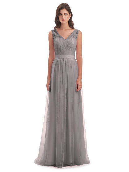 Mila Floor Length V-Neck Tulle Bridesmaid Dresses