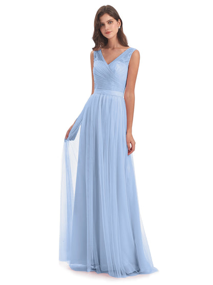 Mila Floor Length V-Neck Tulle Bridesmaid Dresses