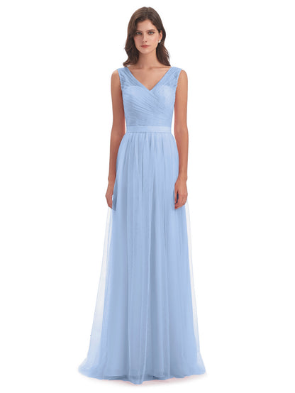 Mila Floor Length V-Neck Tulle Bridesmaid Dresses