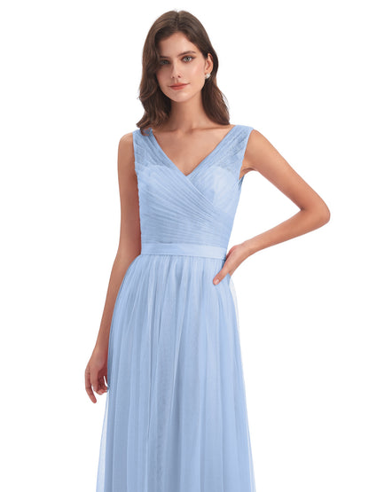 Mila Floor Length V-Neck Tulle Bridesmaid Dresses