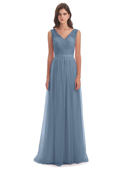 Mila Floor Length V-Neck Tulle Bridesmaid Dresses