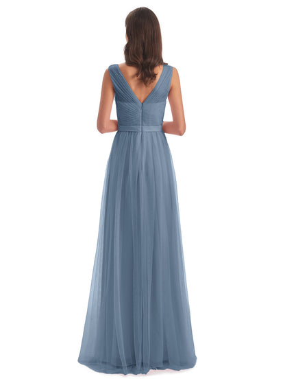 Mila Floor Length V-Neck Tulle Bridesmaid Dresses