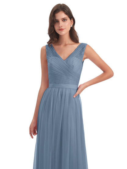 Mila Floor Length V-Neck Tulle Bridesmaid Dresses