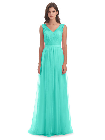 Mila Floor Length V-Neck Tulle Bridesmaid Dresses