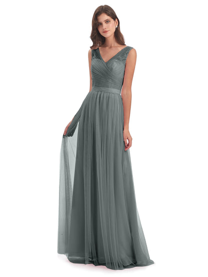 Mila Floor Length V-Neck Tulle Bridesmaid Dresses