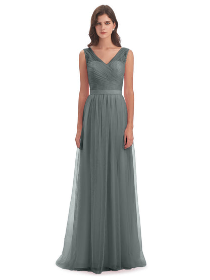 Mila Floor Length V-Neck Tulle Bridesmaid Dresses