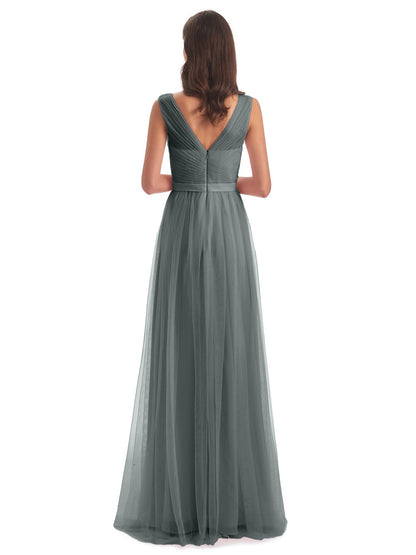 Mila Floor Length V-Neck Tulle Bridesmaid Dresses