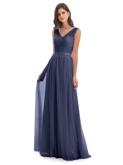 Mila Floor Length V-Neck Tulle Bridesmaid Dresses