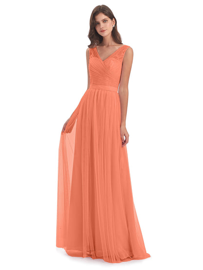 Mila Floor Length V-Neck Tulle Bridesmaid Dresses
