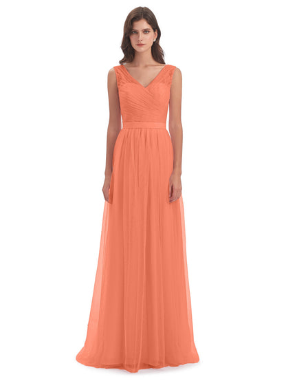 Mila Floor Length V-Neck Tulle Bridesmaid Dresses
