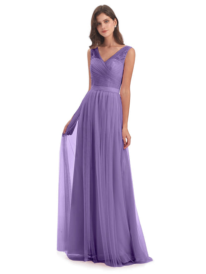 Mila Floor Length V-Neck Tulle Bridesmaid Dresses