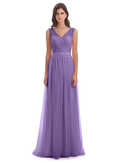 Mila Floor Length V-Neck Tulle Bridesmaid Dresses