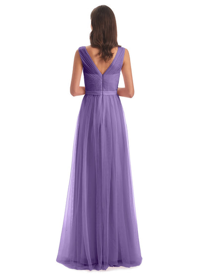 Mila Floor Length V-Neck Tulle Bridesmaid Dresses