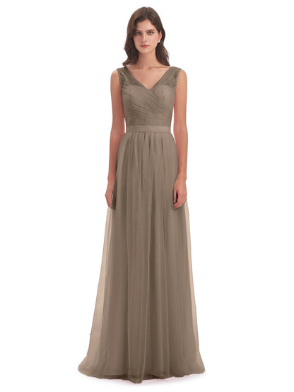 Mila Floor Length V-Neck Tulle Bridesmaid Dresses