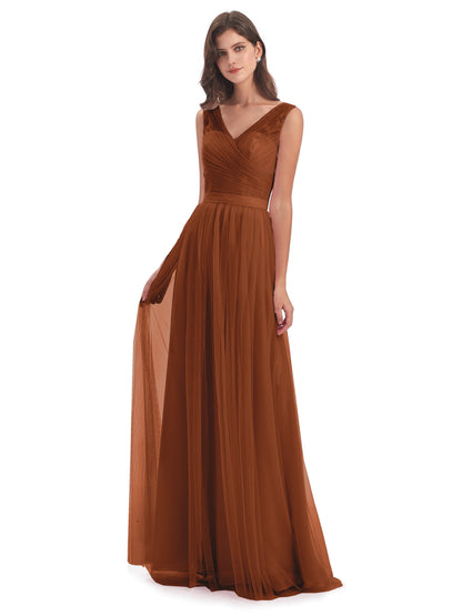 Mila Floor Length V-Neck Tulle Bridesmaid Dresses