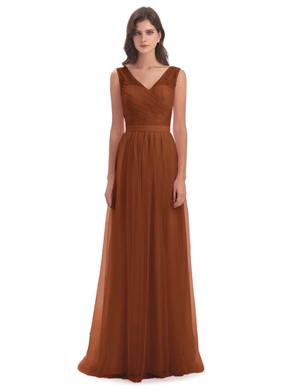 Mila Floor Length V-Neck Tulle Bridesmaid Dresses