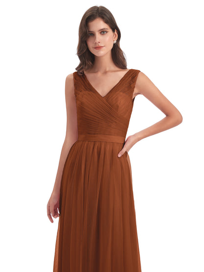 Mila Floor Length V-Neck Tulle Bridesmaid Dresses