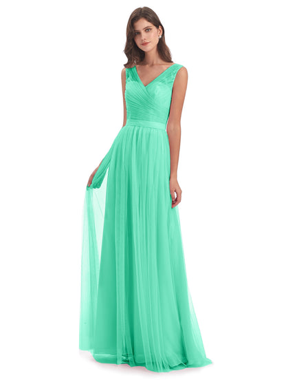 Mila Floor Length V-Neck Tulle Bridesmaid Dresses