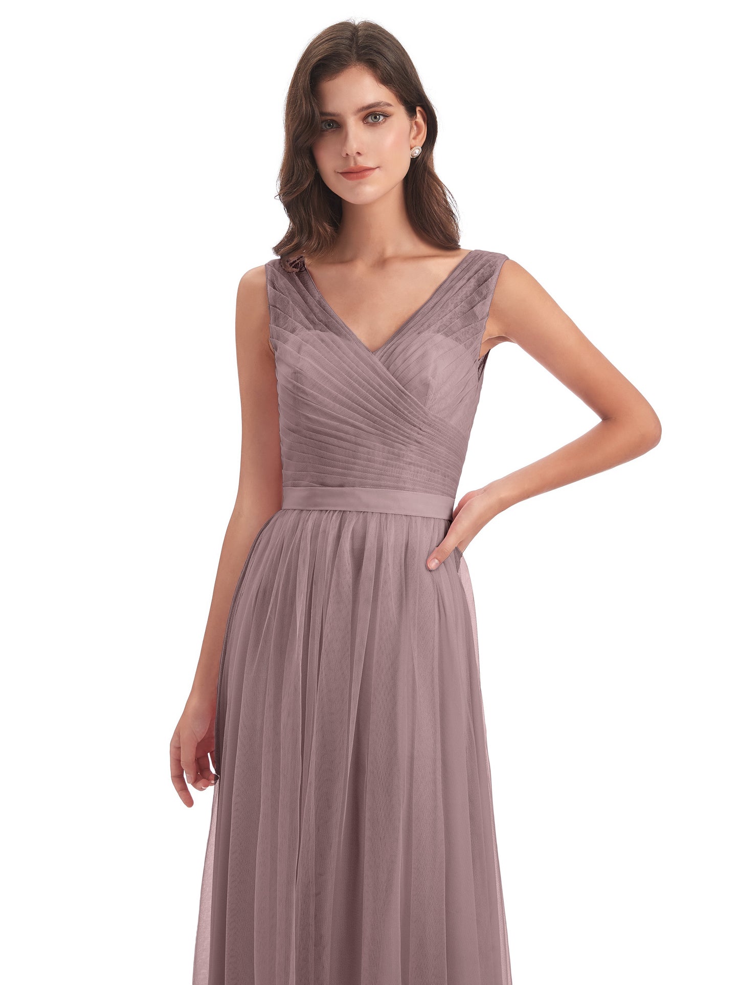 Mila Floor Length V-Neck Tulle Bridesmaid Dresses