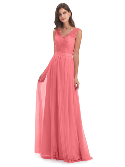 Mila Floor Length V-Neck Tulle Bridesmaid Dresses