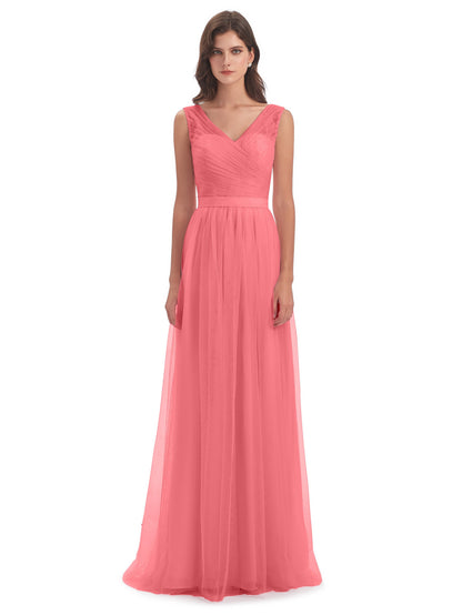Mila Floor Length V-Neck Tulle Bridesmaid Dresses