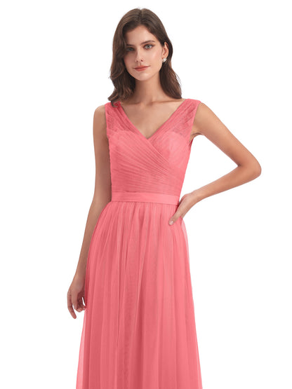Mila Floor Length V-Neck Tulle Bridesmaid Dresses