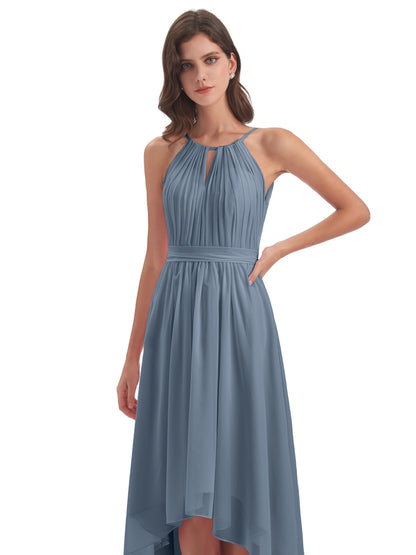 Oaklee Asymmetrical High Low Halter Chiffon Bridesmaid Dresses