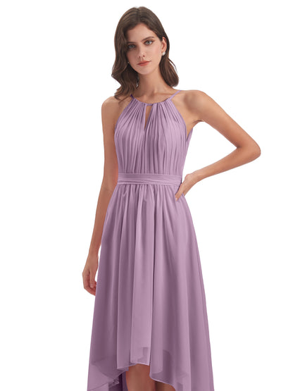 Oaklee Asymmetrical High Low Halter Chiffon Bridesmaid Dresses