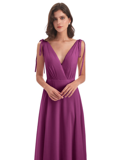 Reagan Floor Length V-neck Chiffon Bridesmaid Dresses