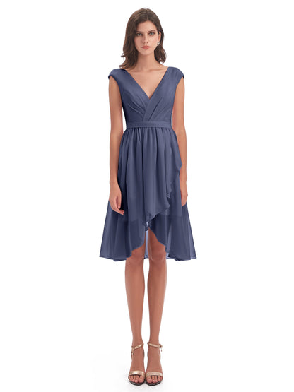 Renee Knee Length V-Neck Chiffon Bridesmaid Dresses