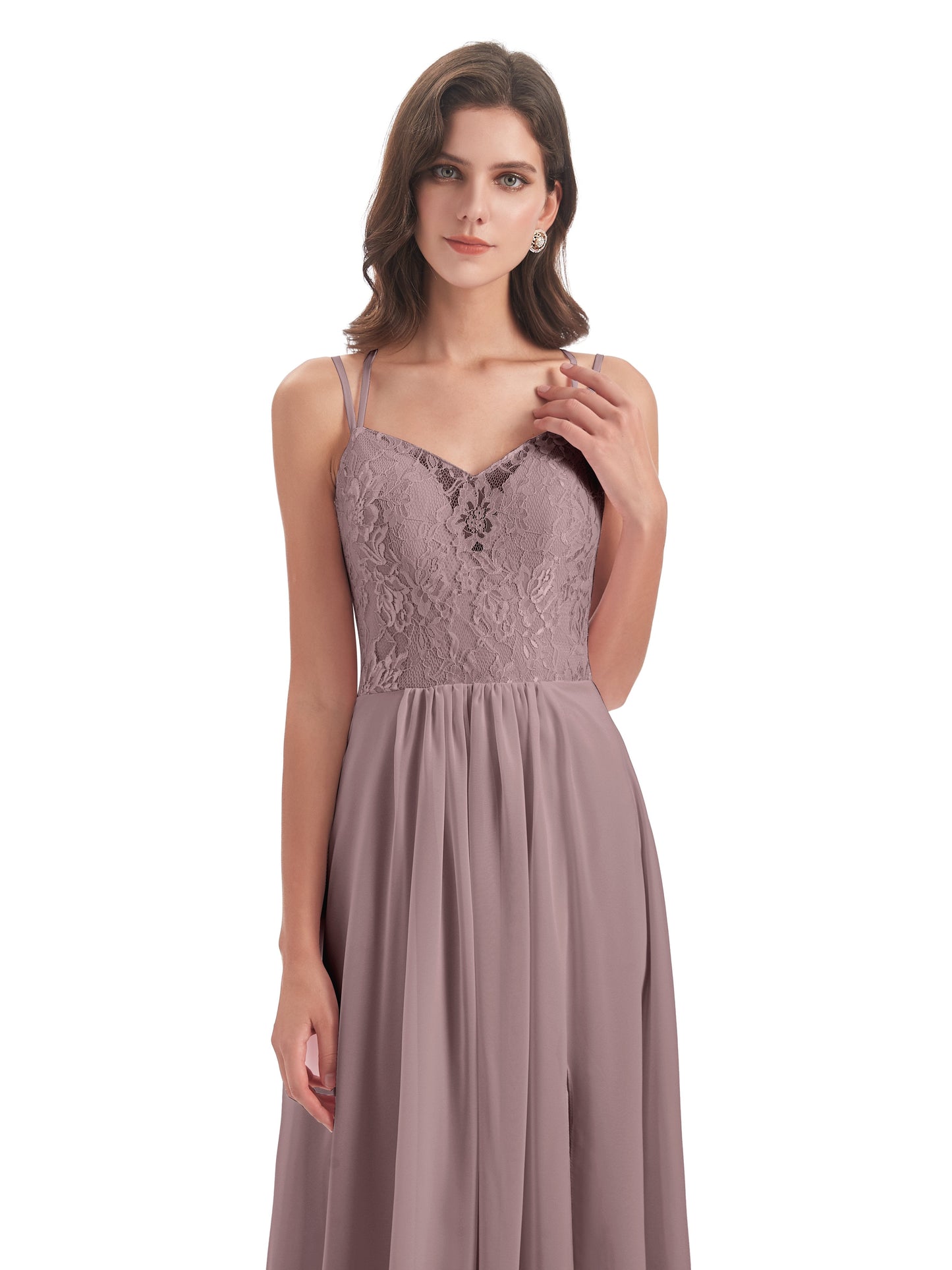 Saanvi Spaghetti Straps Open Back Lace Long Bridesmaid Dresses