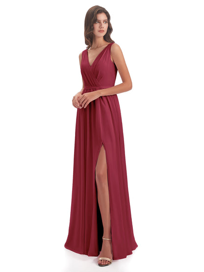 Sophia Sheath Floor Length V Neck Chiffon Bridesmaid Dresses
