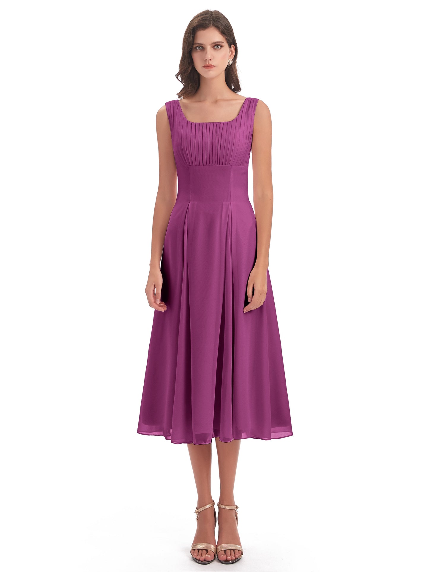 Spencer Tea Length Square Chiffon Bridesmaid Dresses
