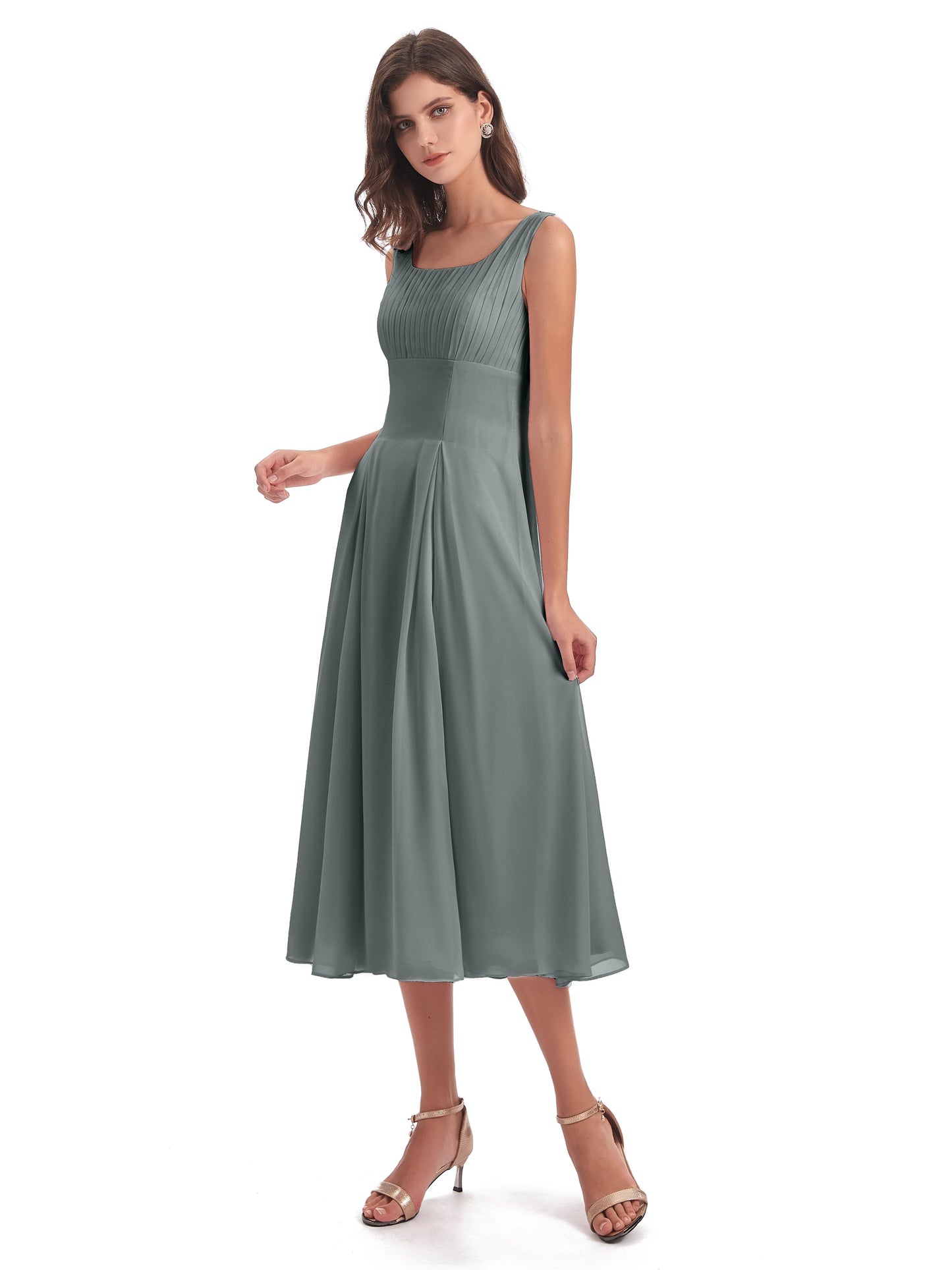 Spencer Tea Length Square Chiffon Bridesmaid Dresses