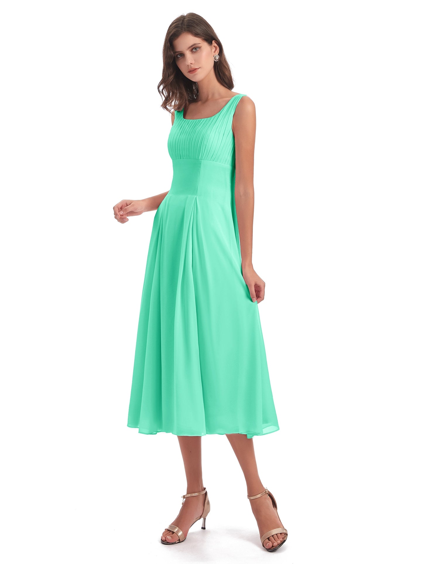 Spencer Tea Length Square Chiffon Bridesmaid Dresses