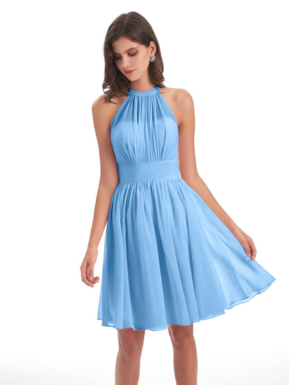 Tegan Knee Length Halter Chiffon Bridesmaid Dresses