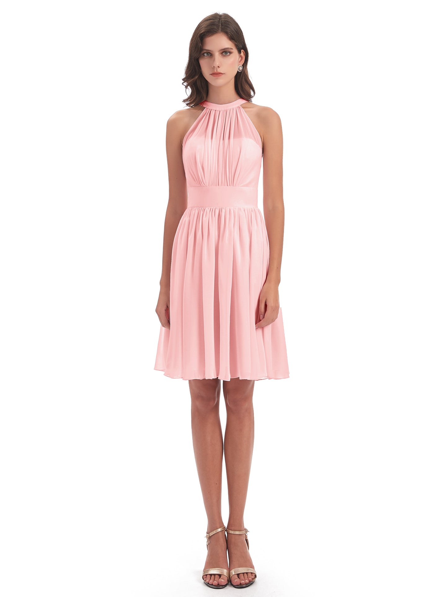 Tegan Knee Length Halter Chiffon Bridesmaid Dresses