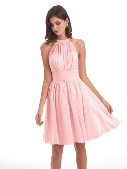 Tegan Knee Length Halter Chiffon Bridesmaid Dresses