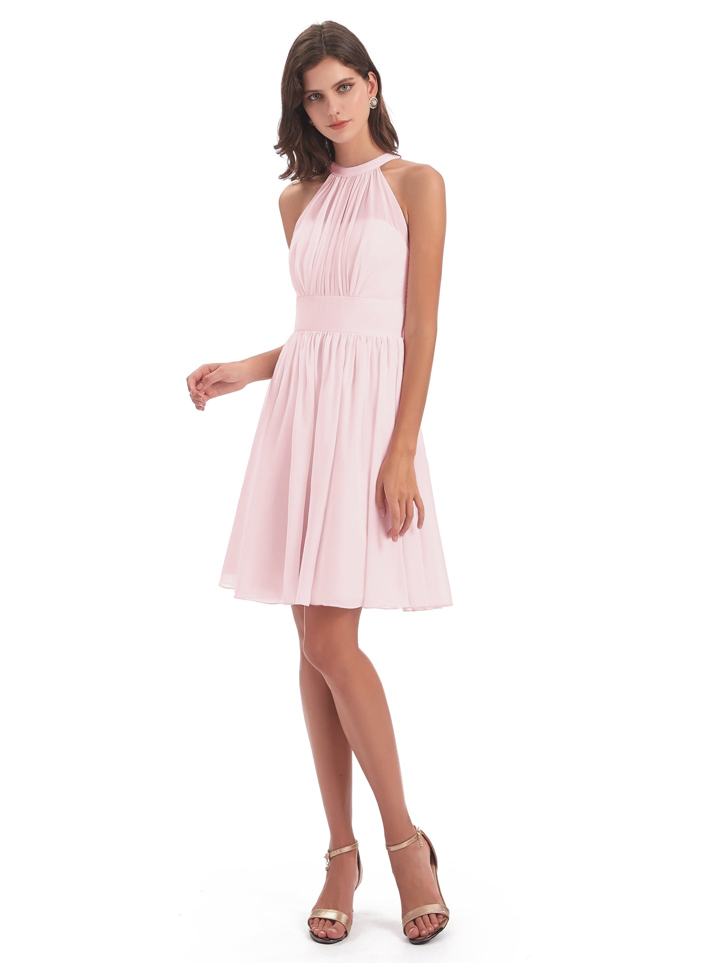 Tegan Knee Length Halter Chiffon Bridesmaid Dresses